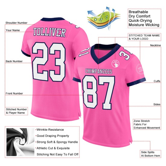 Maillot de football authentique personnalisé en maille rose, blanc et bleu marine Maillot de football authentique personnalisé en maille rose, blanc et bleu marine