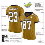 Maillot de football authentique personnalisé en maille blanc-bleu marine, couleur or vieilli Maillot de football authentique personnalisé en maille blanc-bleu marine, couleur or vieilli